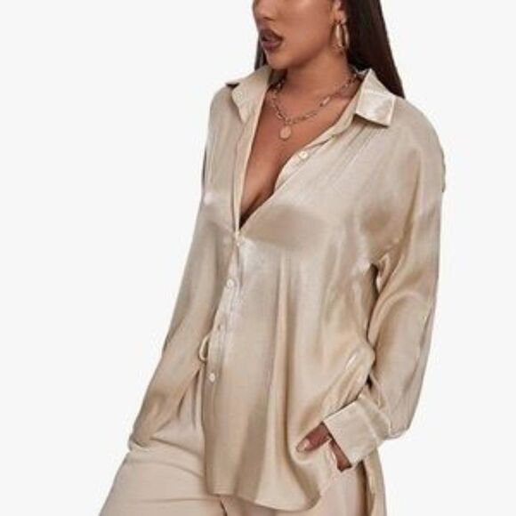 New Khaki Oversized Satin Silk Button Down Shirt Top - Picture 1 of 4